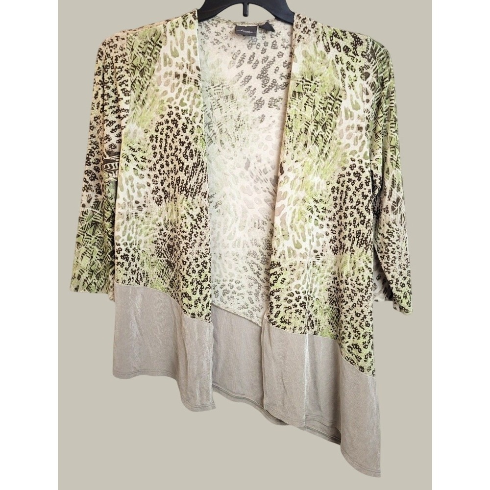 Chico's Travelers Cardigan Animal Print Asymmetric Open Front Green Tan Sz 1 /M